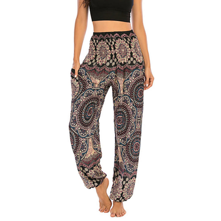 Pantalones de yoga para mujer con diseño geométrico redondo y suelto con Buddha Stones - Negro Beige US2-8/10，UK/AU6-12/14，EU34-40/42 (F) - image 0