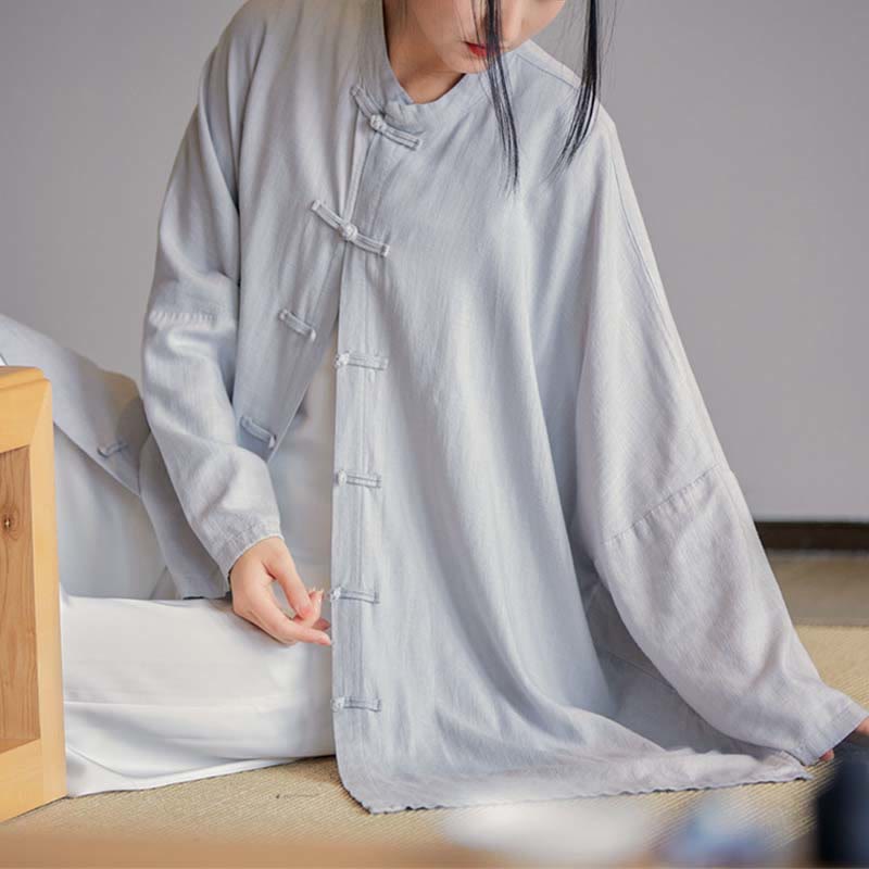 Camisa con diseño de botones de rana y Buddha Stones , Top de meditación Zen Tai Chi, chaqueta de lino y algodón - Gris (busto 150 cm) (solo parte superior) - image 0