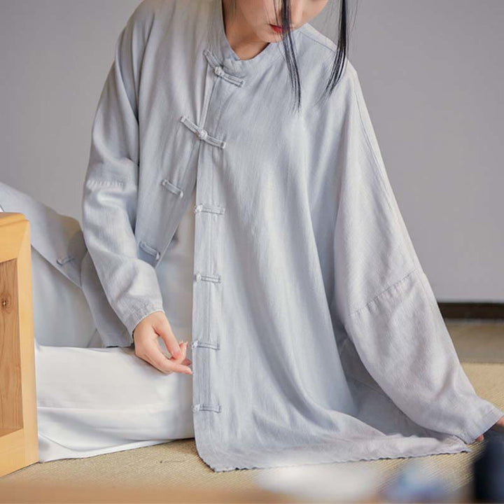 Camisa con diseño de botones de rana y Buddha Stones , Top de meditación Zen Tai Chi, chaqueta de lino y algodón - Gris (Busto 150 cm) (Solo la parte superior) - image 0