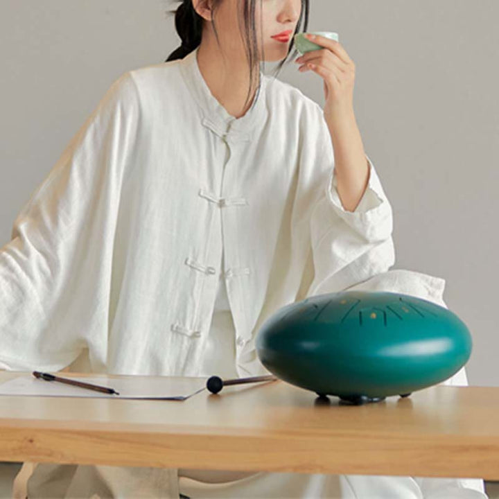 Camisa con diseño de botones de rana y Buddha Stones , Top de meditación Zen Tai Chi, chaqueta de lino y algodón - Beige (Busto 150 cm) (Solo la parte superior) - image 12