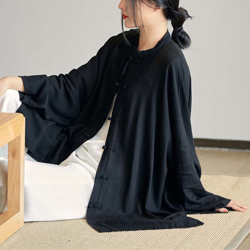 Camisa con diseño de botones de rana y Buddha Stones , Top de meditación Zen Tai Chi, chaqueta de lino y algodón - Negro (busto 150 cm) (solo parte superior) - image 21