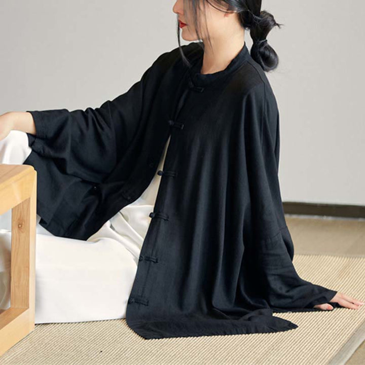 Camisa con diseño de botones de rana y Buddha Stones , Top de meditación Zen Tai Chi, chaqueta de lino y algodón - Negro (Busto 150 cm) (Solo la parte superior) - image 21
