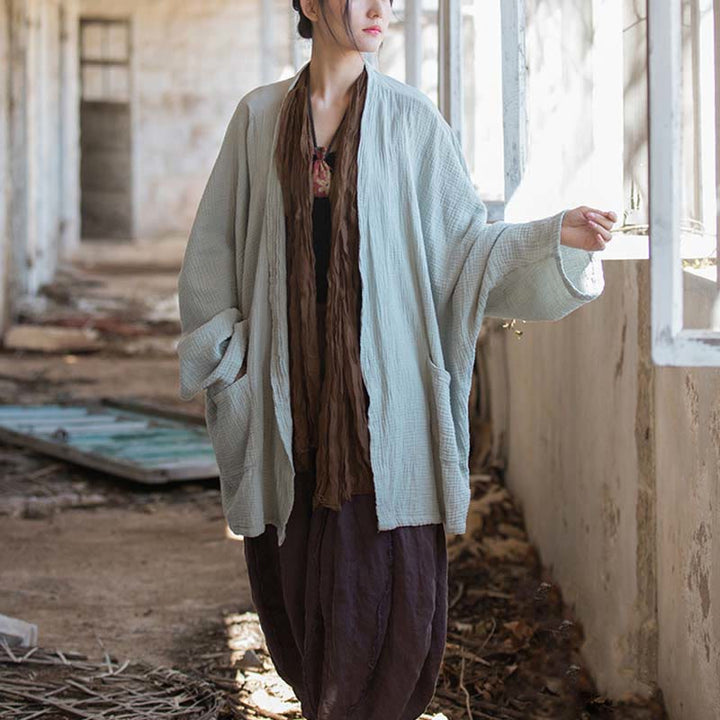 Buddha Stones Diseño liso Abrigo de manga larga Meditación Zen Chaqueta de algodón con parte delantera abierta - image 15