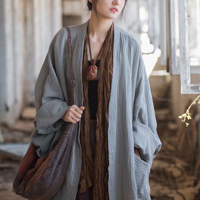 Buddha Stones Diseño liso Abrigo de manga larga Meditación Zen Chaqueta de algodón con parte delantera abierta - image 27