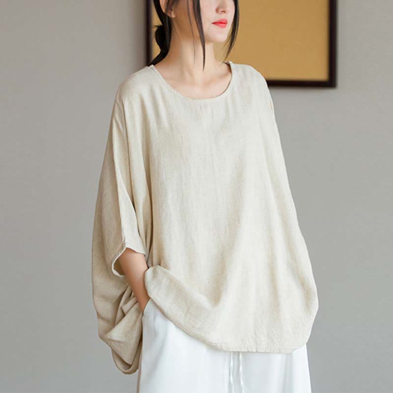 Camiseta holgada con manga tres cuartos de color sólido con Buddha Stones - Beige (busto 180 cm/largo 64 cm) (solo parte superior) - image 0