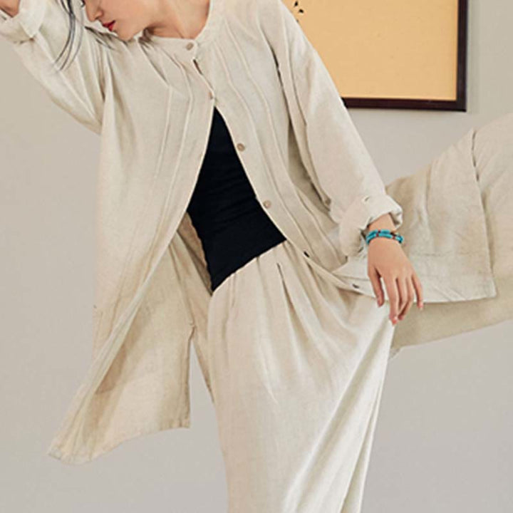 Buddha Stones, abrigo liso de manga larga, chaqueta, pantalones de pierna ancha, ropa de meditación Zen Tai Chi Yoga - Beige - Solo abrigo - US4-12, UK/AU8-16, EU36-44 (F) - image 1