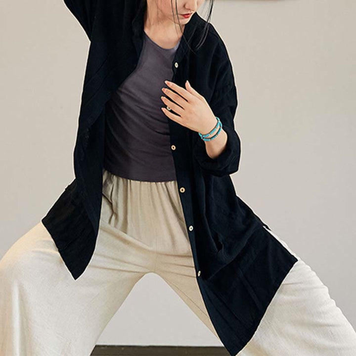 Buddha Stones, abrigo liso de manga larga, chaqueta, pantalones de pierna ancha, ropa de meditación Zen Tai Chi Yoga - Negro - Solo abrigo - US4-12, UK/AU8-16, EU36-44 (F) - image 9