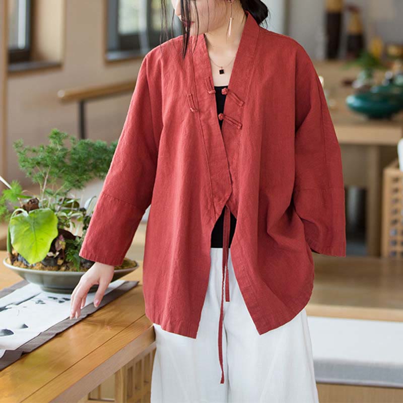 Chaqueta de manga larga con diseño Hanfu con botones de Buddha Stones, chaqueta superior abierta con parte delantera abierta para meditación Zen - Rojo, US0-8/10, UK/AU4-12/14, EU32-40/42 (F) - image 0