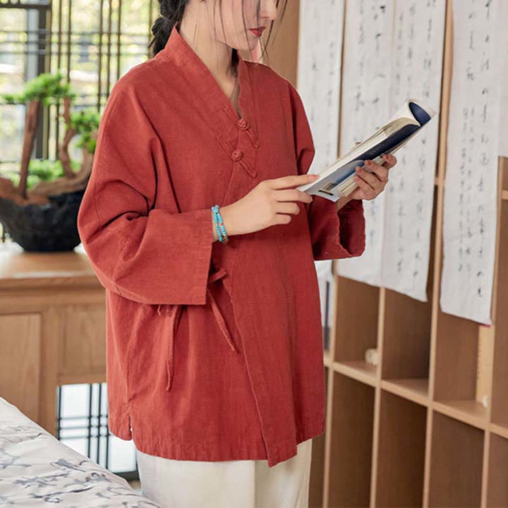 Chaqueta de manga larga con diseño de Hanfu y botones de rana con Buddha Stones y parte superior abierta para meditación zen - image 4