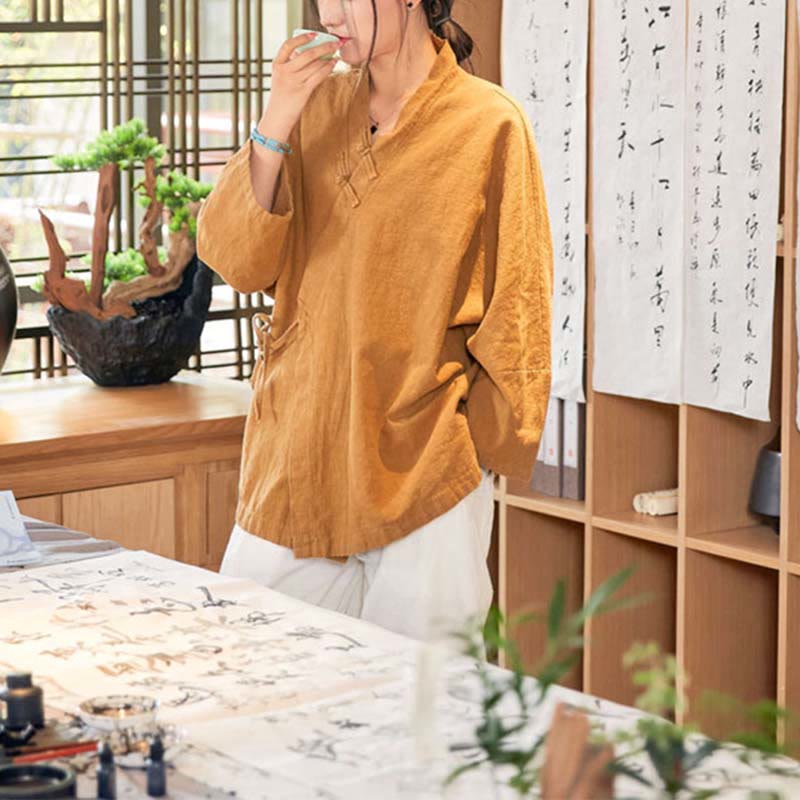 Chaqueta de manga larga con diseño de Hanfu y botones de rana con Buddha Stones y parte superior abierta para meditación zen - image 11