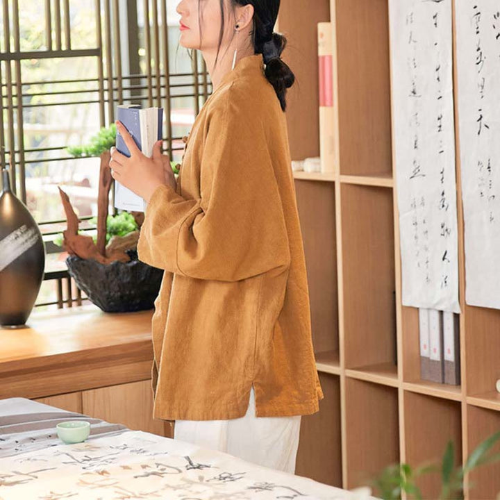 Chaqueta de manga larga con diseño Hanfu con botones de Buddha Stones, chaqueta superior abierta con parte delantera abierta para meditación Zen - image 15