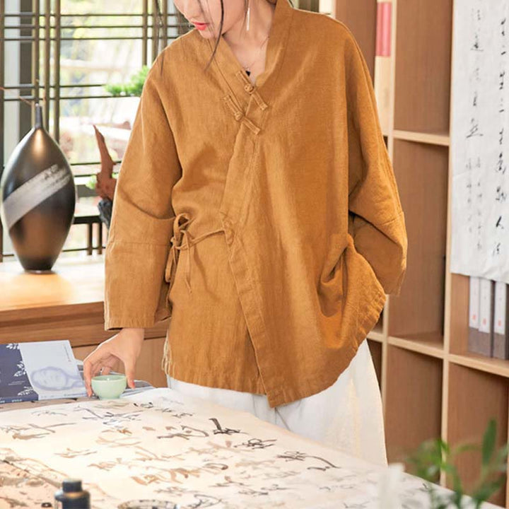 Chaqueta de manga larga con diseño de Hanfu y botones de rana con Buddha Stones y parte superior abierta para meditación zen - image 10