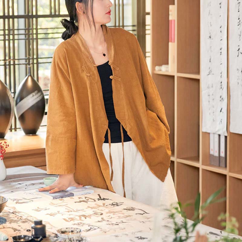 Chaqueta de manga larga con diseño de Hanfu y botones de rana con Buddha Stones y parte superior abierta para meditación zen - image 12