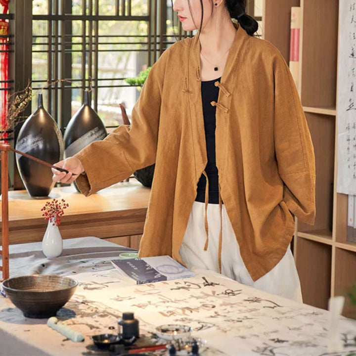 Chaqueta de manga larga con diseño de Hanfu y botones de rana con Buddha Stones y parte superior abierta para meditación zen - image 9