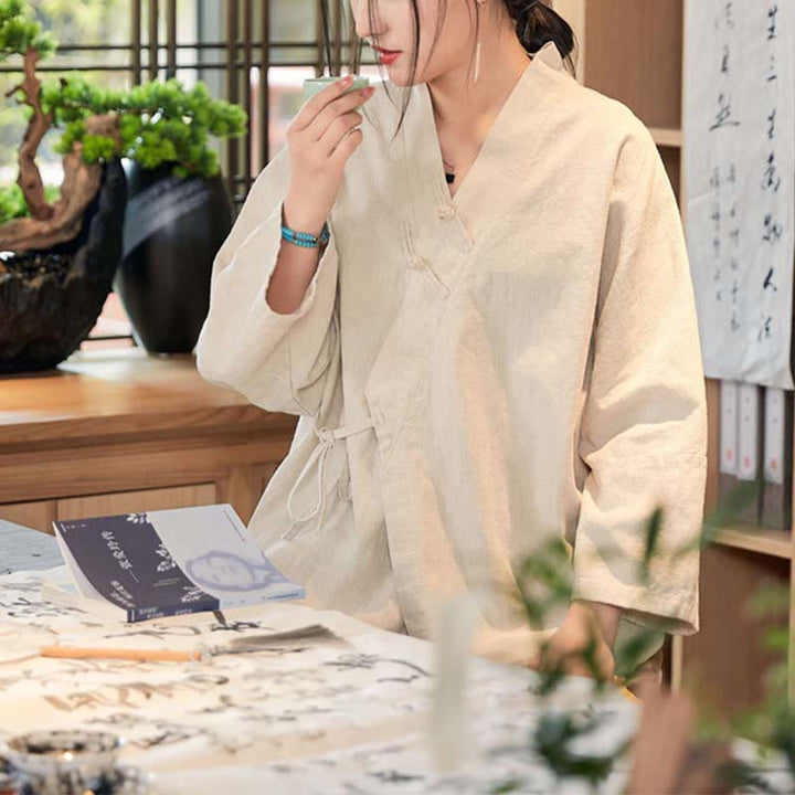 Chaqueta de manga larga con diseño Hanfu con botones de Buddha Stones, chaqueta superior abierta con parte delantera abierta para meditación Zen - Beige, US0-8/10, UK/AU4-12/14, EU32-40/42 (F) - image 16