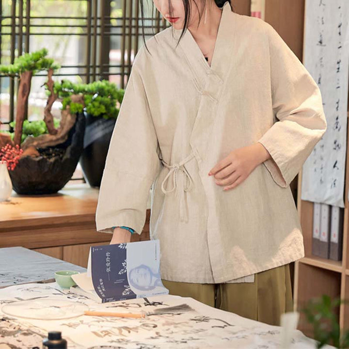 Chaqueta de manga larga con diseño de Hanfu y botones de rana con Buddha Stones y parte superior abierta para meditación zen - image 19