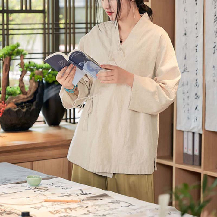 Chaqueta de manga larga con diseño de Hanfu y botones de rana con Buddha Stones y parte superior abierta para meditación zen - image 18