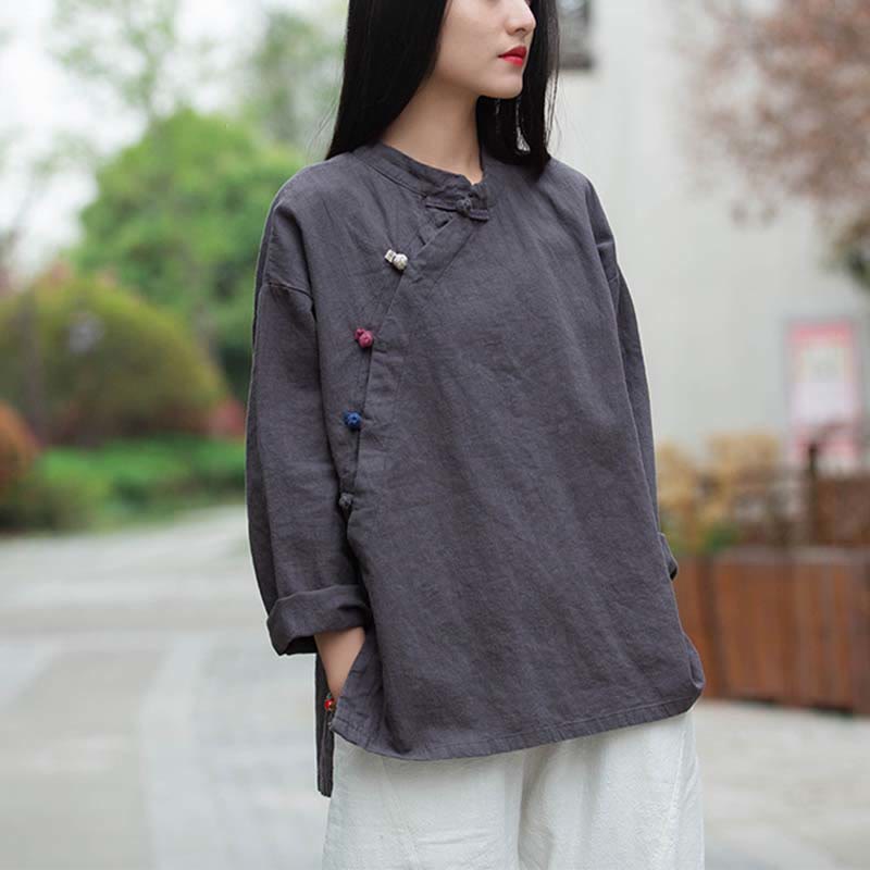Blusa de lino de ramio con Buddha Stones , camisa para mujer, ropa estilo Hanfu chino - Gris (busto 120 cm) (solo parte superior) - image 0