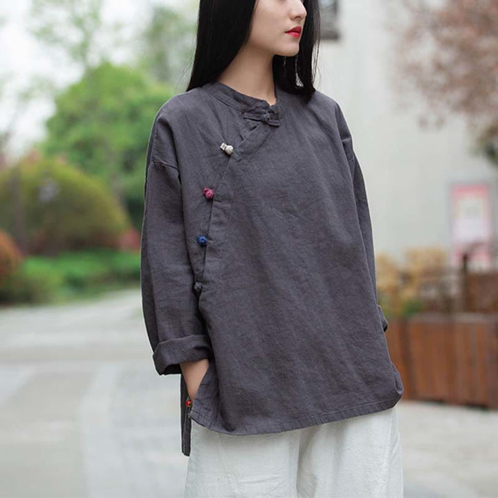 Blusa de lino de ramio con Buddha Stones , camisa para mujer, ropa estilo Hanfu chino - Gris (busto 120 cm) (solo parte superior) - image 0