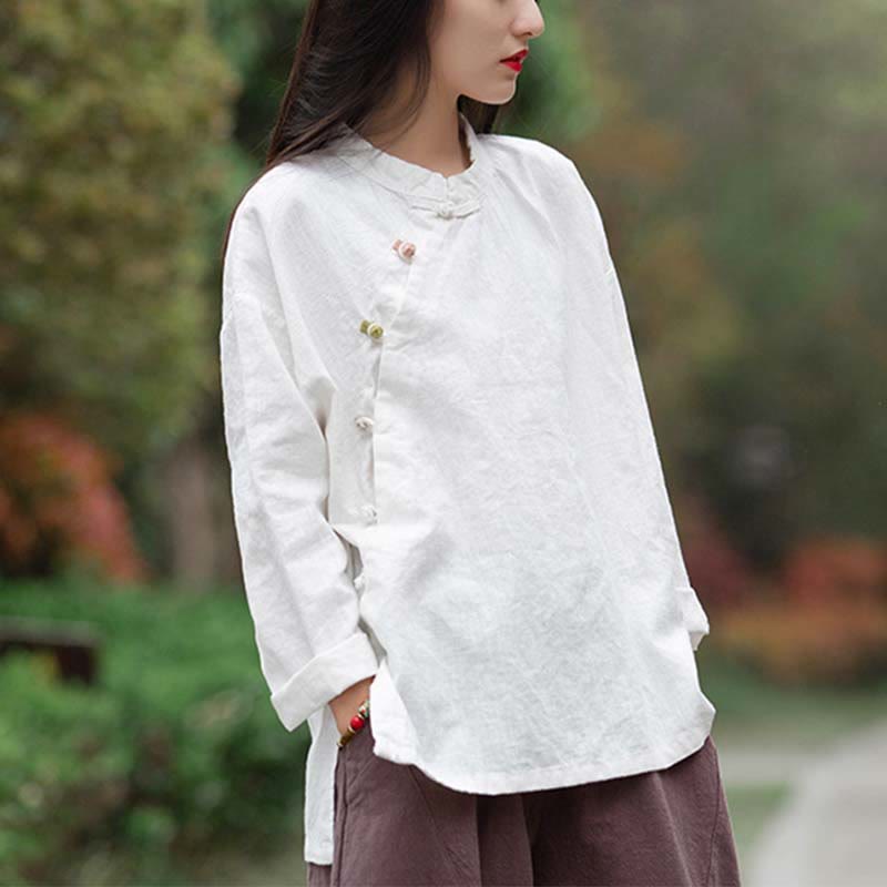 Blusa de lino de ramio con Buddha Stones , camisa para mujer, ropa estilo Hanfu chino - Blanco (busto 120 cm) (solo parte superior) - image 11