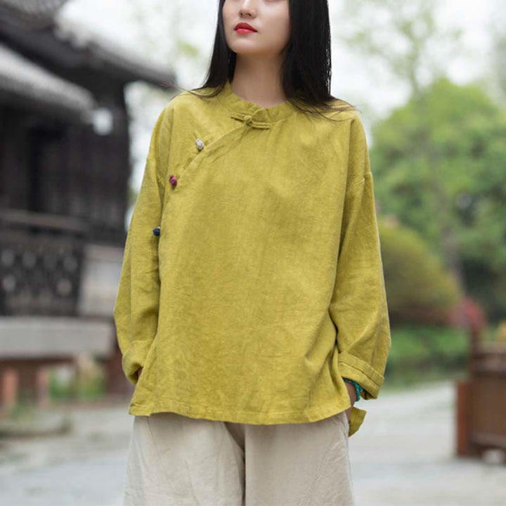Blusa de lino de ramio con Buddha Stones , camisa para mujer, ropa estilo Hanfu chino - Amarillo (Busto 120 cm) (Solo la parte superior) - image 25