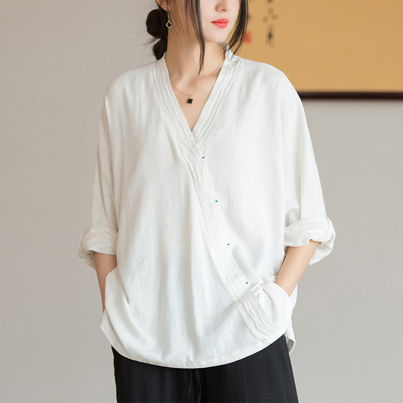 Blusa con Buddha Stones, camisa de mujer, Top de manga larga, ropa estilo Hanfu chino - Blanco (Busto 128 cm) (Solo la parte superior) - image 0