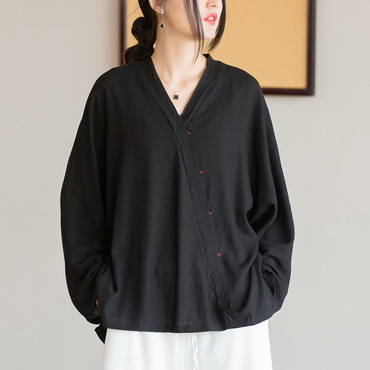 Blusa con Buddha Stones, camisa de mujer, Top de manga larga, ropa estilo Hanfu chino - Negro (busto 128 cm) (solo parte superior) - image 13