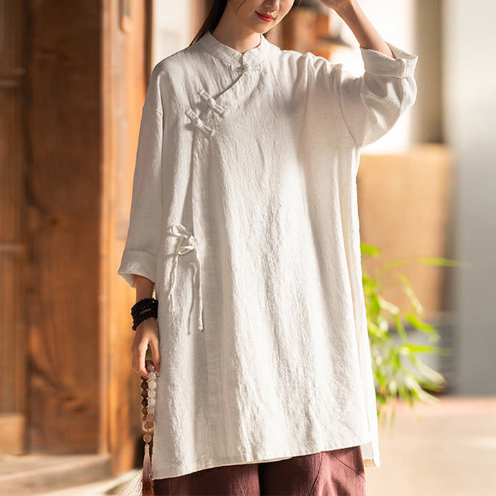 Blusa de lino y algodón Vintage con Buddha Stones, camisa de manga larga para mujer, Top Hanfu chino - Beige (busto 130 cm) (solo parte superior) - image 0