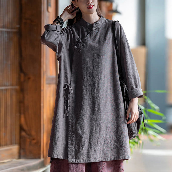 Blusa de lino y algodón Vintage con Buddha Stones, camisa de manga larga para mujer, Top Hanfu chino - Gris (Busto 130 cm) (Solo la parte superior) - image 8
