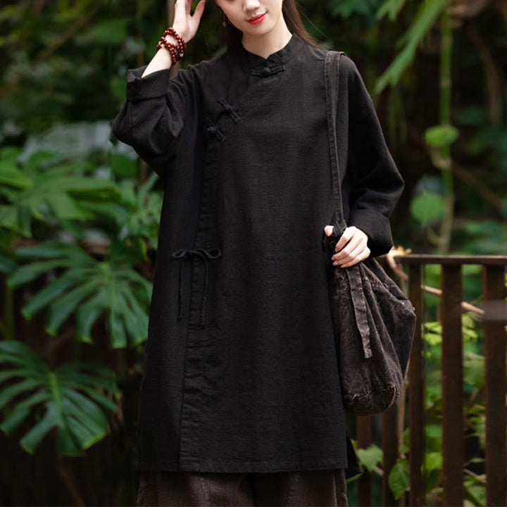 Blusa de lino y algodón Vintage con Buddha Stones, camisa de manga larga para mujer, Top Hanfu chino - Negro (Busto 130 cm) (Solo la parte superior) - image 15