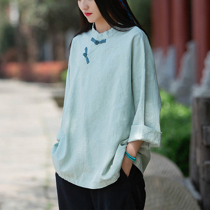 Blusa suelta de lino de ramio con Buddha Stones , camisa de manga larga para mujer, Top Hanfu chino - Verde (busto 132 cm) (solo parte superior) - image 0