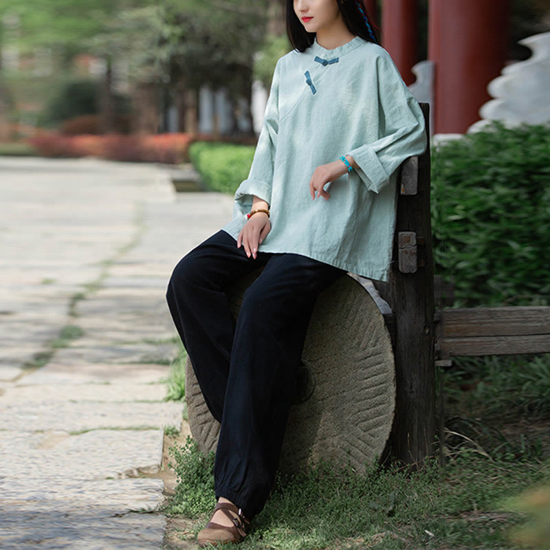 Blusa suelta de lino de ramio con Buddha Stones , camisa de manga larga para mujer, Top Hanfu chino - image 3