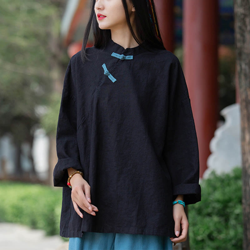 Blusa suelta de lino de ramio con Buddha Stones , camisa de manga larga para mujer, Top Hanfu chino - Negro (busto 132 cm) (solo parte superior) - image 11