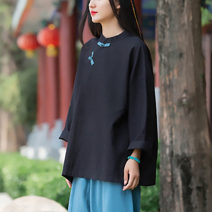 Blusa suelta de lino de ramio con Buddha Stones , camisa de manga larga para mujer, Top Hanfu chino - image 14