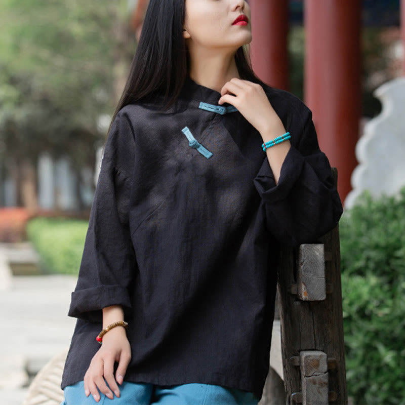 Blusa suelta de lino de ramio con Buddha Stones , camisa de manga larga para mujer, Top Hanfu chino - image 12