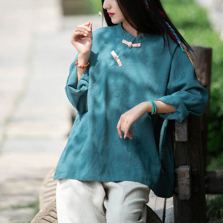 Blusa suelta de lino de ramio con Buddha Stones , camisa de manga larga para mujer, Top Hanfu chino - image 23