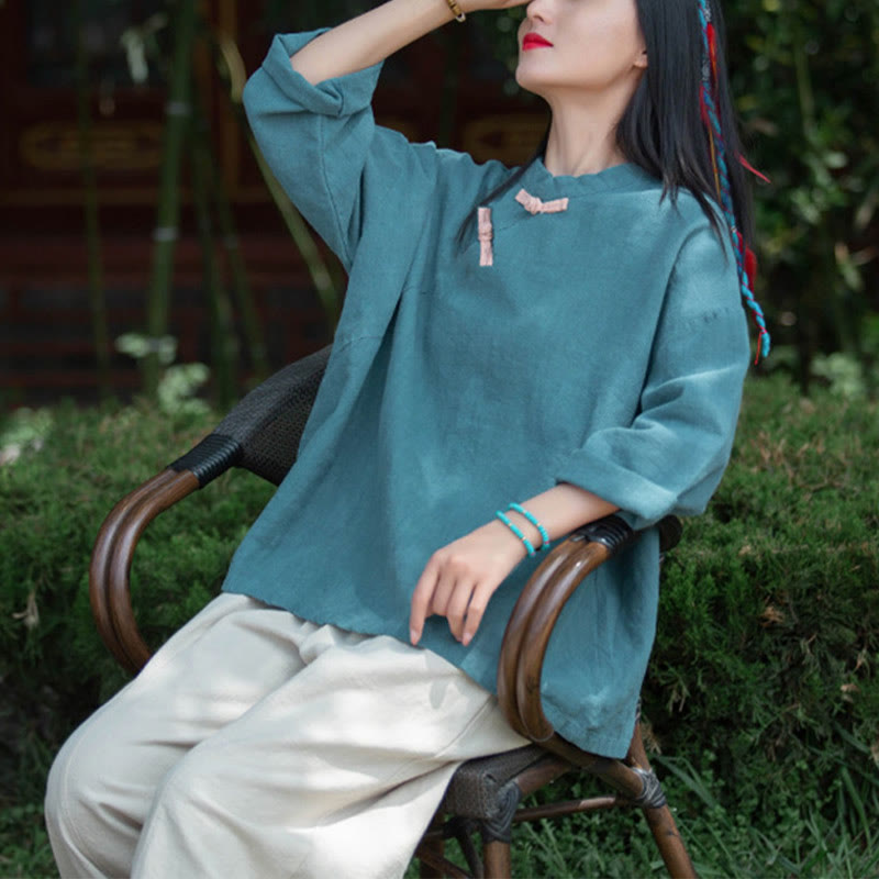 Blusa suelta de lino de ramio con Buddha Stones , camisa de manga larga para mujer, Top Hanfu chino - image 25