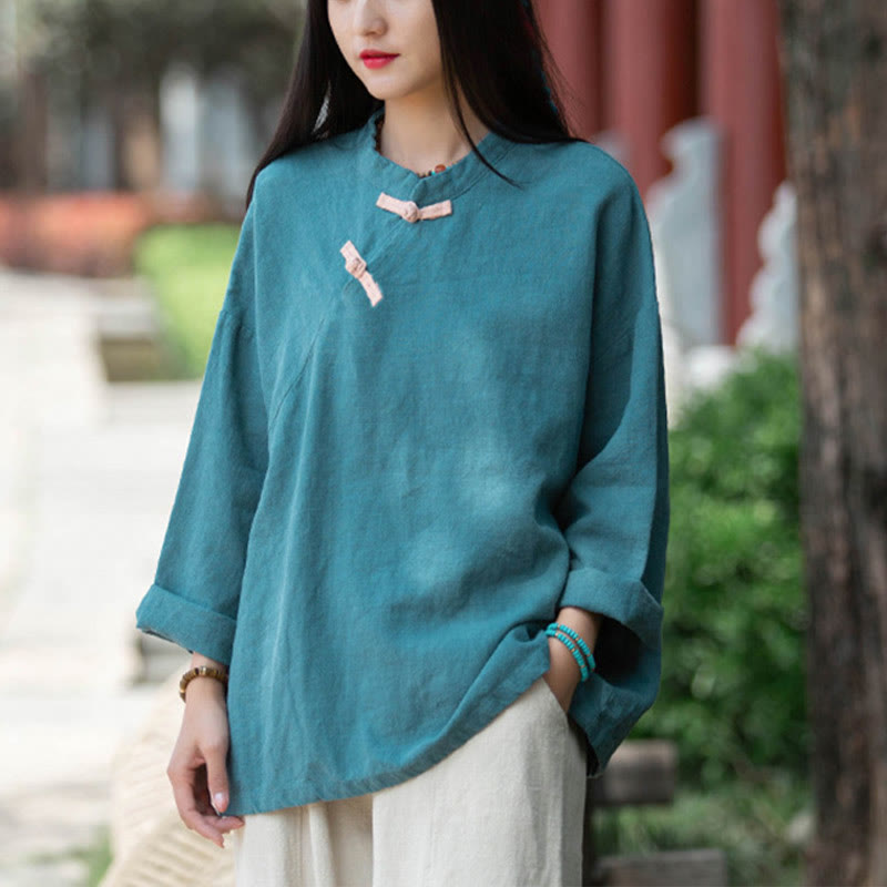 Blusa suelta de lino de ramio con Buddha Stones , camisa de manga larga para mujer, Top Hanfu chino - Cian (Busto 132 cm) (Solo la parte superior) - image 19