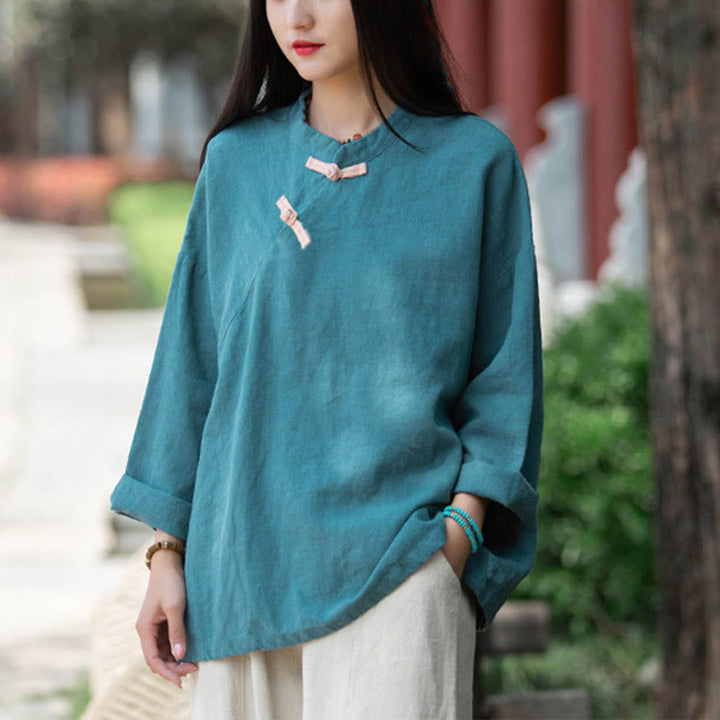 Blusa suelta de lino de ramio con Buddha Stones , camisa de manga larga para mujer, Top Hanfu chino - Cian (Busto 132 cm) (Solo la parte superior) - image 19