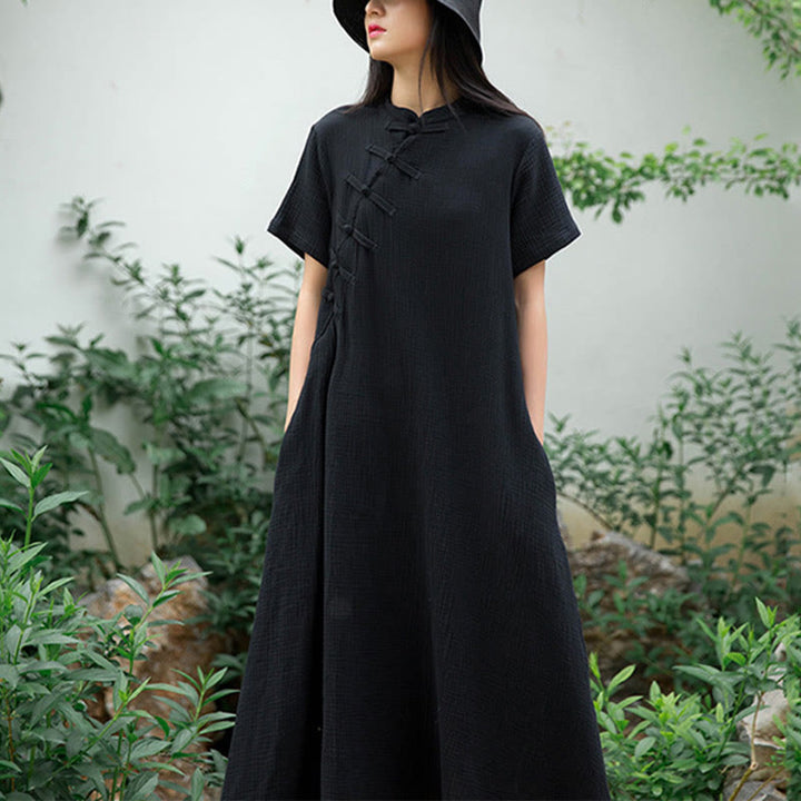 Vestido midi con botones de rana Buddha Stones Vestido de manga corta de lino y algodón con bolsillos - Negro (busto 96 cm/largo 119 cm) (solo vestido) - image 0