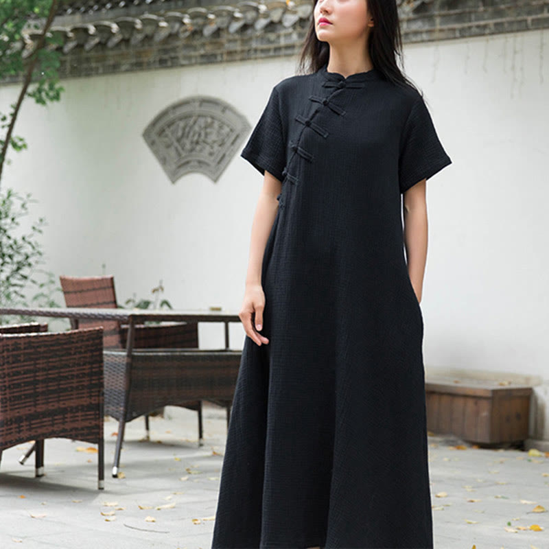 Vestido midi con botones de rana Buddha Stones Vestido de manga corta de lino y algodón con bolsillos - image 1