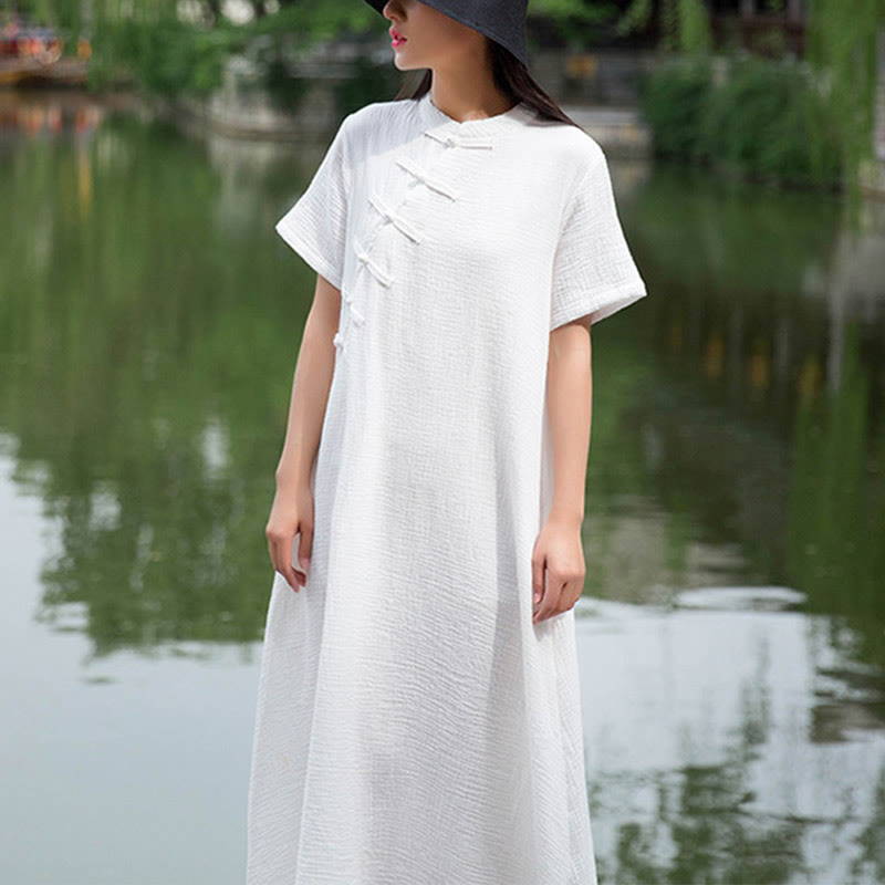 Vestido midi con botones de rana Buddha Stones Vestido de manga corta de lino y algodón con bolsillos - Blanco (busto 96 cm/largo 119 cm) (solo vestido) - image 9