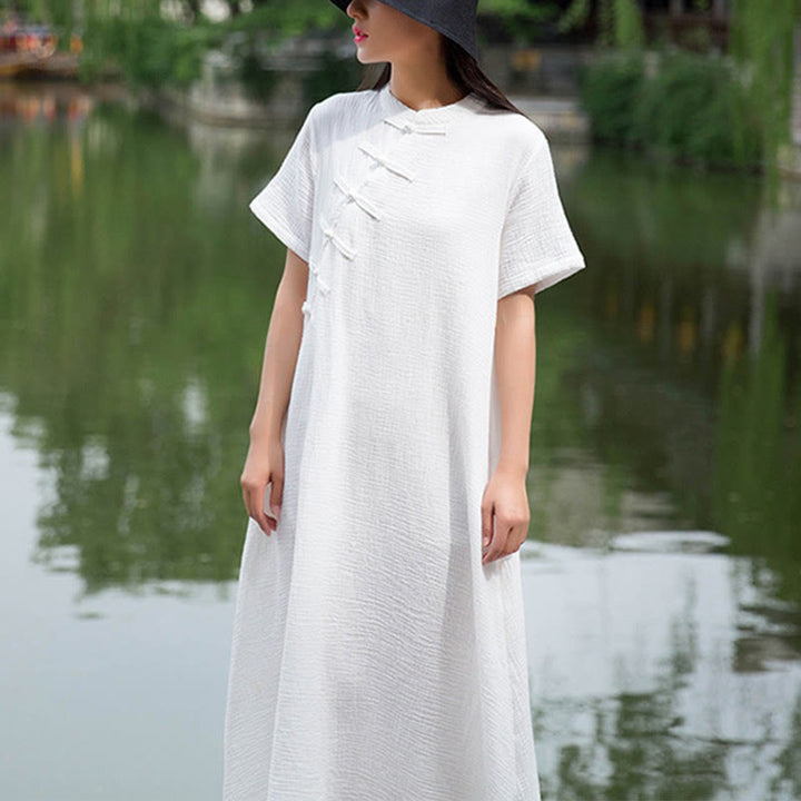 Vestido midi con botones de rana Buddha Stones Vestido de manga corta de lino y algodón con bolsillos - Blanco (busto 96 cm/largo 119 cm) (solo vestido) - image 9
