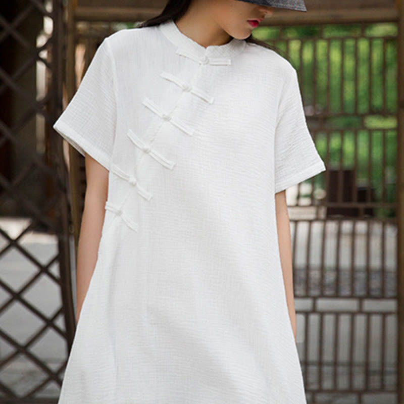 Vestido midi con botones de rana Buddha Stones Vestido de manga corta de lino y algodón con bolsillos - image 15
