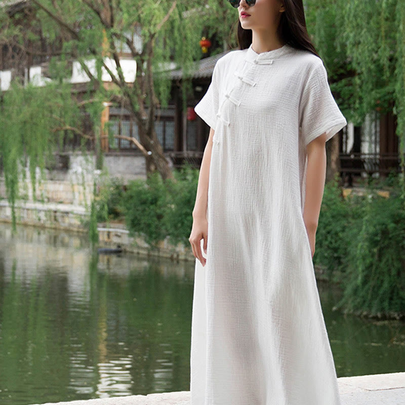 Vestido midi con botones de rana Buddha Stones Vestido de manga corta de lino y algodón con bolsillos - image 11