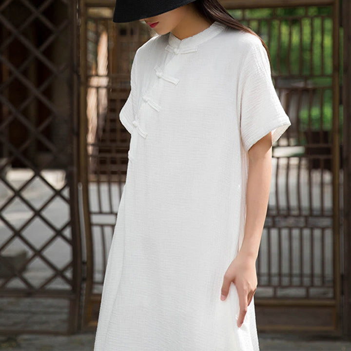 Vestido midi con botones de rana Buddha Stones Vestido de manga corta de lino y algodón con bolsillos - image 16