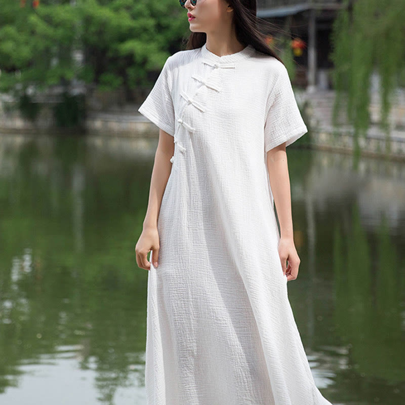 Vestido midi con botones de rana Buddha Stones Vestido de manga corta de lino y algodón con bolsillos - image 12