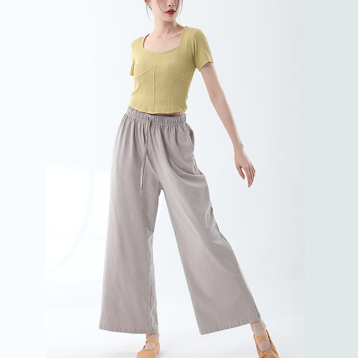 Pantalones de pierna ancha con cordón de algodón sueltos con Buddha Stones para danza de yoga con bolsillos