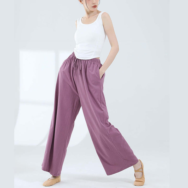 Pantalones de pierna ancha con cordón de algodón sueltos con Buddha Stones para danza de yoga con bolsillos