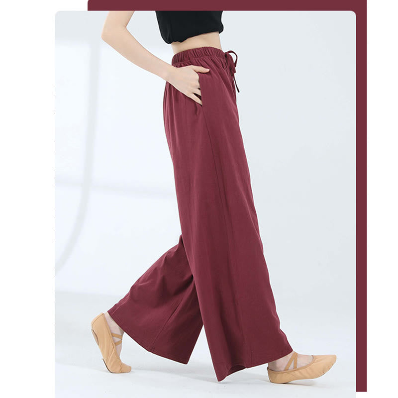 Pantalones de pierna ancha con cordón de algodón sueltos con Buddha Stones para danza de yoga con bolsillos
